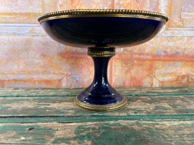 Blue Porcelain Pedestal Bowl - Bronze/Brass Floral Design - Limoges or Sevres