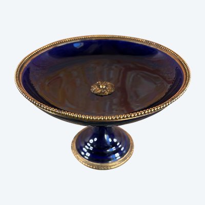 Blue Porcelain Pedestal Bowl - Bronze/Brass Floral Design - Limoges or Sevres