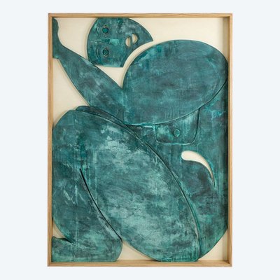 Panneau en bas-relief « Sortez du cadre ! », en bois et cuivre oxydé.LS64273009