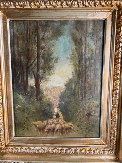 École du XIXe siècle - Dans le goût de Barbizon "Berger et son troupeau en forêt"