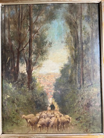 École du XIXe siècle - Dans le goût de Barbizon "Berger et son troupeau en forêt"