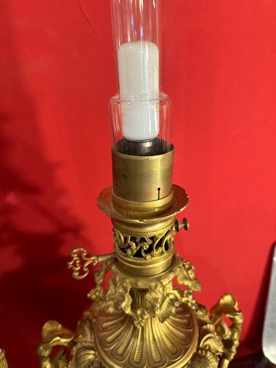 Paire De Lampes à Pétrole En Bleu De Four Et Bronze Doré 