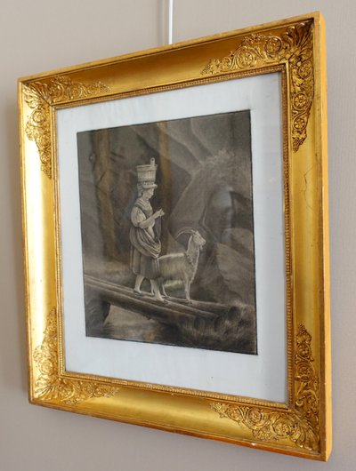 Drawing attributed to Edouard Pingret, young goat keeper knitting - gilded wood frame