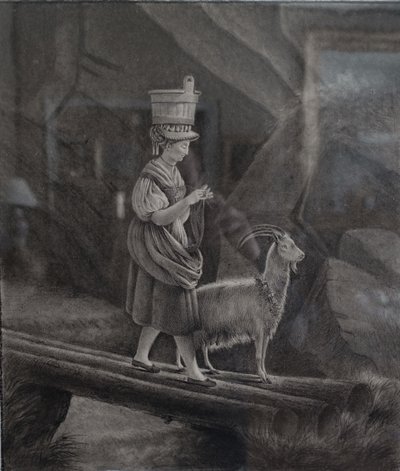 Drawing attributed to Edouard Pingret, young goat keeper knitting - gilded wood frame