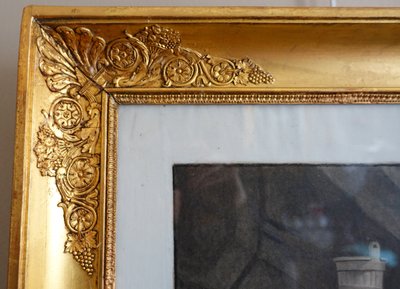 Drawing attributed to Edouard Pingret, young goat keeper knitting - gilded wood frame