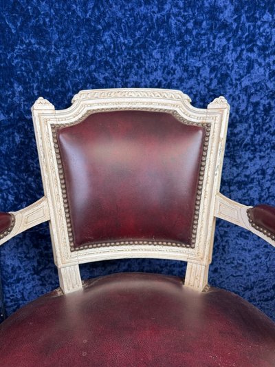 Pair of Louis XVI cabriolet armchairs in lacquered wood and leather circa 1850