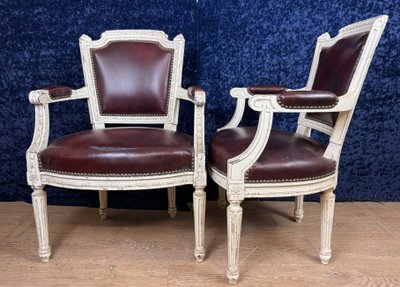 Pair of Louis XVI cabriolet armchairs in lacquered wood and leather circa 1850