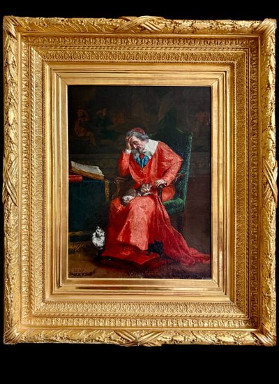 Großes Porträt des Kardinals von Richelieu XIX. Jahrhundert, Öl auf religiöser Leinwand ,MAY, Katzen...