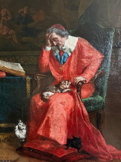 Großes Porträt des Kardinals von Richelieu XIX. Jahrhundert, Öl auf religiöser Leinwand ,MAY, Katzen...