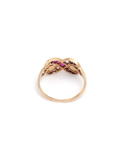 Ancienne bague symbole infini en or 18k, bague rubis, diamants taille rose, bague ancienne