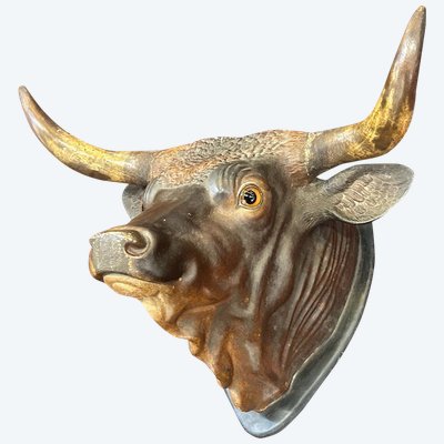 Grande trofeo di toro a grandezza naturale in terracotta policroma - Segno Fine XIX secolo