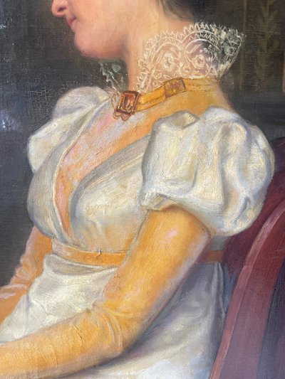 Huile Sur Toile Représentant Une Jeune Femme à La Lecture D’époque 1830