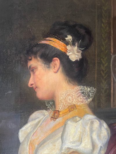 Huile Sur Toile Représentant Une Jeune Femme à La Lecture D’époque 1830