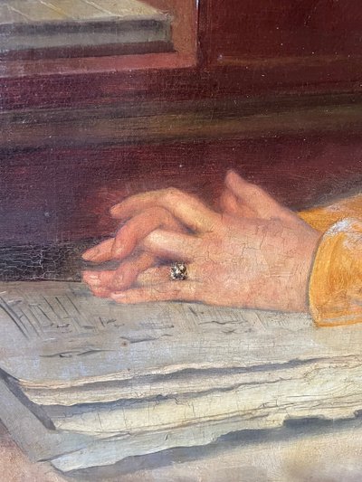 Huile Sur Toile Représentant Une Jeune Femme à La Lecture D’époque 1830