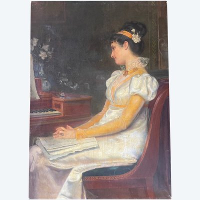 Huile Sur Toile Représentant Une Jeune Femme à La Lecture D’époque 1830