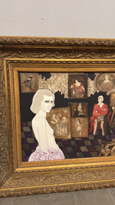 Huile sur toile Gianni Longinotti, Madame dans l'atelier, 1991, mesure 71x64 cm. Encadré à la feuille d'or.