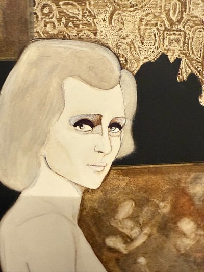 Huile sur toile Gianni Longinotti, Madame dans l'atelier, 1991, mesure 71x64 cm. Encadré à la feuille d'or.