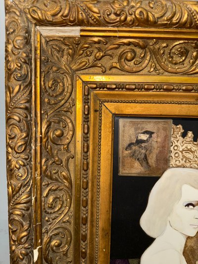 Huile sur toile Gianni Longinotti, Madame dans l'atelier, 1991, mesure 71x64 cm. Encadré à la feuille d'or.