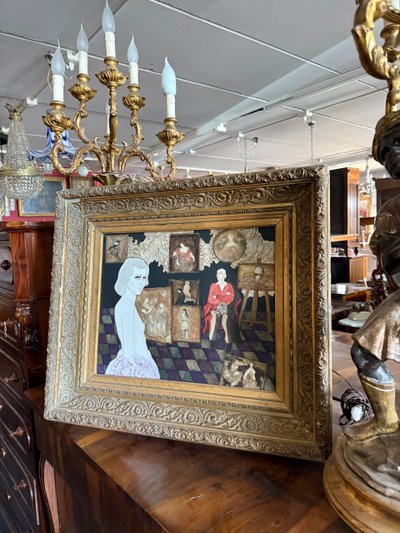 Huile sur toile Gianni Longinotti, Madame dans l'atelier, 1991, mesure 71x64 cm. Encadré à la feuille d'or.