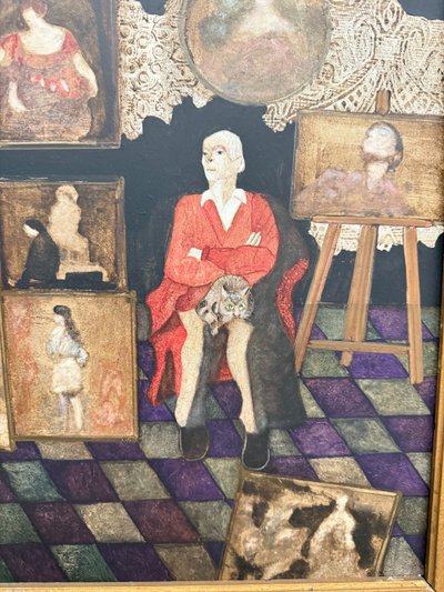 Huile sur toile Gianni Longinotti, Madame dans l'atelier, 1991, mesure 71x64 cm. Encadré à la feuille d'or.
