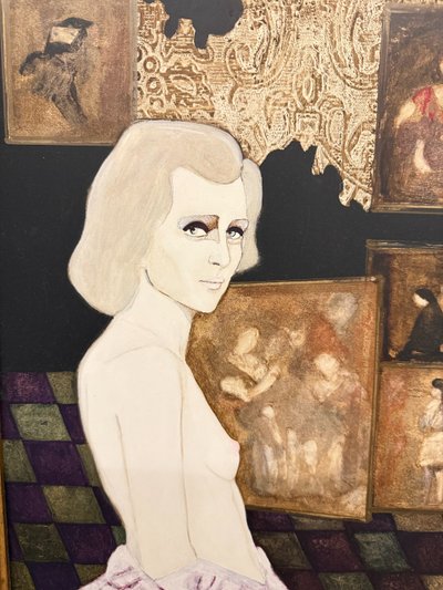 Huile sur toile Gianni Longinotti, Madame dans l'atelier, 1991, mesure 71x64 cm. Encadré à la feuille d'or.