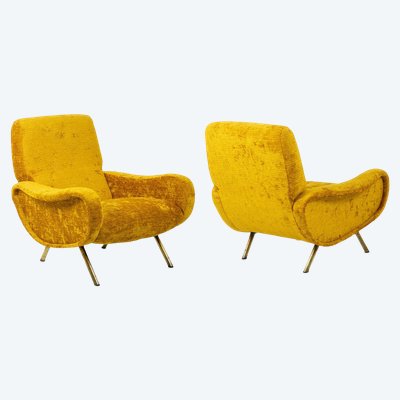 Marco Zanuso pour Artflex. Fauteuils jaune et en laiton doré. Années 1950. LS64333009I