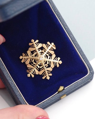 Spilla a fiocco di neve in oro 18 carati, inverno, spilla vintage, retrò, diamante taglio brillante, gioielli retrò