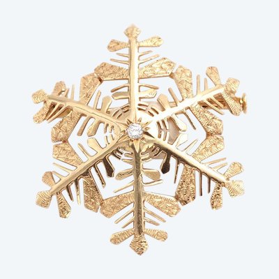 Spilla a fiocco di neve in oro 18 carati, inverno, spilla vintage, retrò, diamante taglio brillante, gioielli retrò