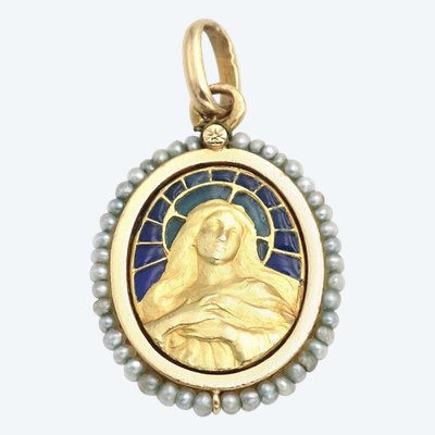 Médaille Art Nouveau Vierge Marie en or 18 karats, pendentif religieux, communion, art nouveau