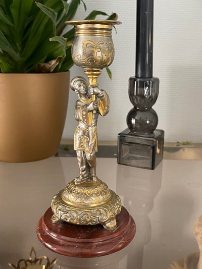 Pair Of Japanese Candlesticks In Gilt And Silver Bronze Late 19th Century
