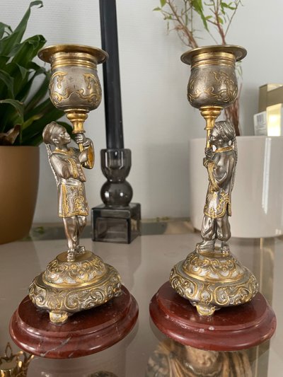 Pair Of Japanese Candlesticks In Gilt And Silver Bronze Late 19th Century