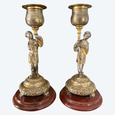 Pair Of Japanese Candlesticks In Gilt And Silver Bronze Late 19th Century