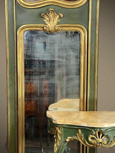 ANTICA CONSOLLE E SOVRAMENSOLA IN LEGNO DIPINTO CON PIANO IN ONICE IN STILE LUIGI XV
