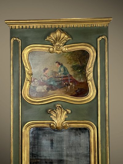 ANTICA CONSOLLE E SOVRAMENSOLA IN LEGNO DIPINTO CON PIANO IN ONICE IN STILE LUIGI XV