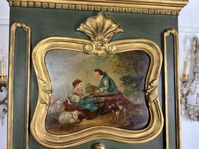 ANTICA CONSOLLE E SOVRAMENSOLA IN LEGNO DIPINTO CON PIANO IN ONICE IN STILE LUIGI XV
