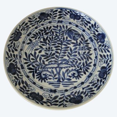 Piatto blu e bianco, porcellana cinese, decorazione con vegetazione antica