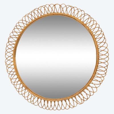 Miroir rond en rotin à entrelacs. Années 1980. LS6358551M