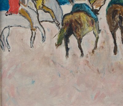 Olio su tavola Scena di cavalieri 1960 Cornice dorata