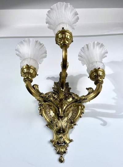 Bronze And Frosted Glass Wall Sconce - Late 19th Early 20th Century