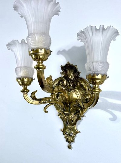 Bronze And Frosted Glass Wall Sconce - Late 19th Early 20th Century