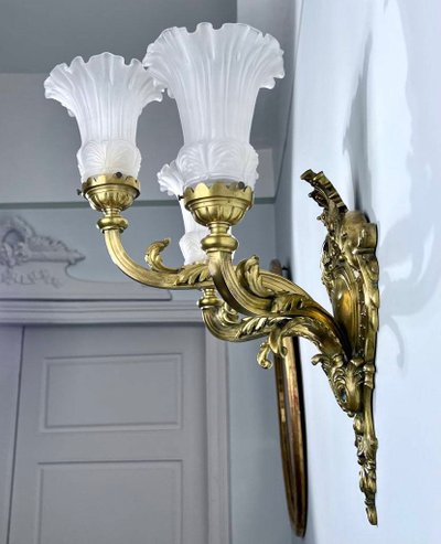 Bronze And Frosted Glass Wall Sconce - Late 19th Early 20th Century