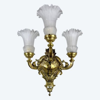 Bronze And Frosted Glass Wall Sconce - Late 19th Early 20th Century