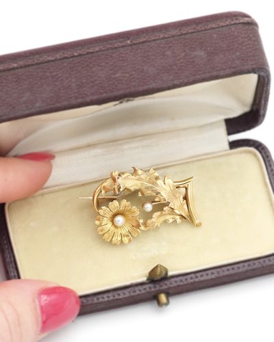 Broche fleur perles en or 18k, broche ancienne, perle de culture, bijou ancien