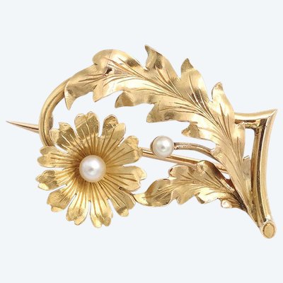 Broche fleur perles en or 18k, broche ancienne, perle de culture, bijou ancien