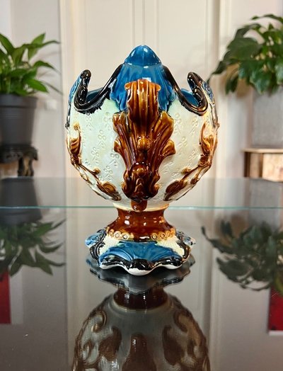 Barbotine Planter with Dragon Foliage Decor - Earthenware Planter