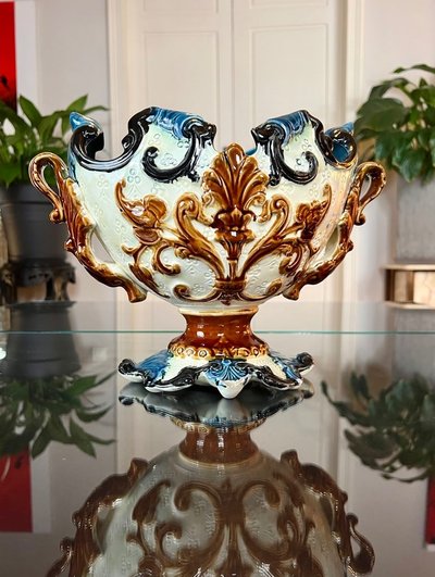 Barbotine Planter with Dragon Foliage Decor - Earthenware Planter