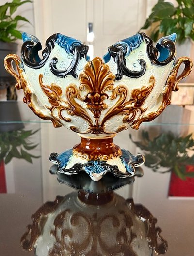 Barbotine Planter with Dragon Foliage Decor - Earthenware Planter