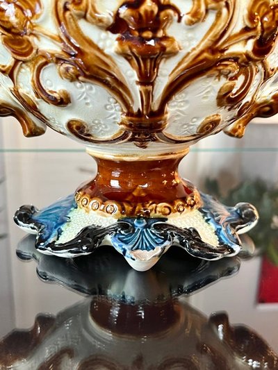 Barbotine Planter with Dragon Foliage Decor - Earthenware Planter