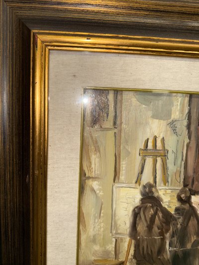 Oil painting on canvas friars artists in studio. Signed Grilli. 20th cent, mis 63x71cm