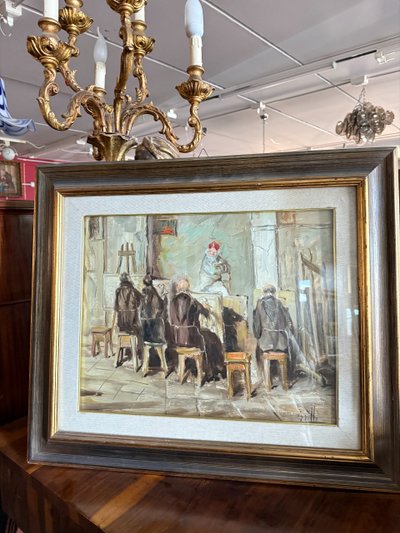 Oil painting on canvas friars artists in studio. Signed Grilli. 20th cent, mis 63x71cm